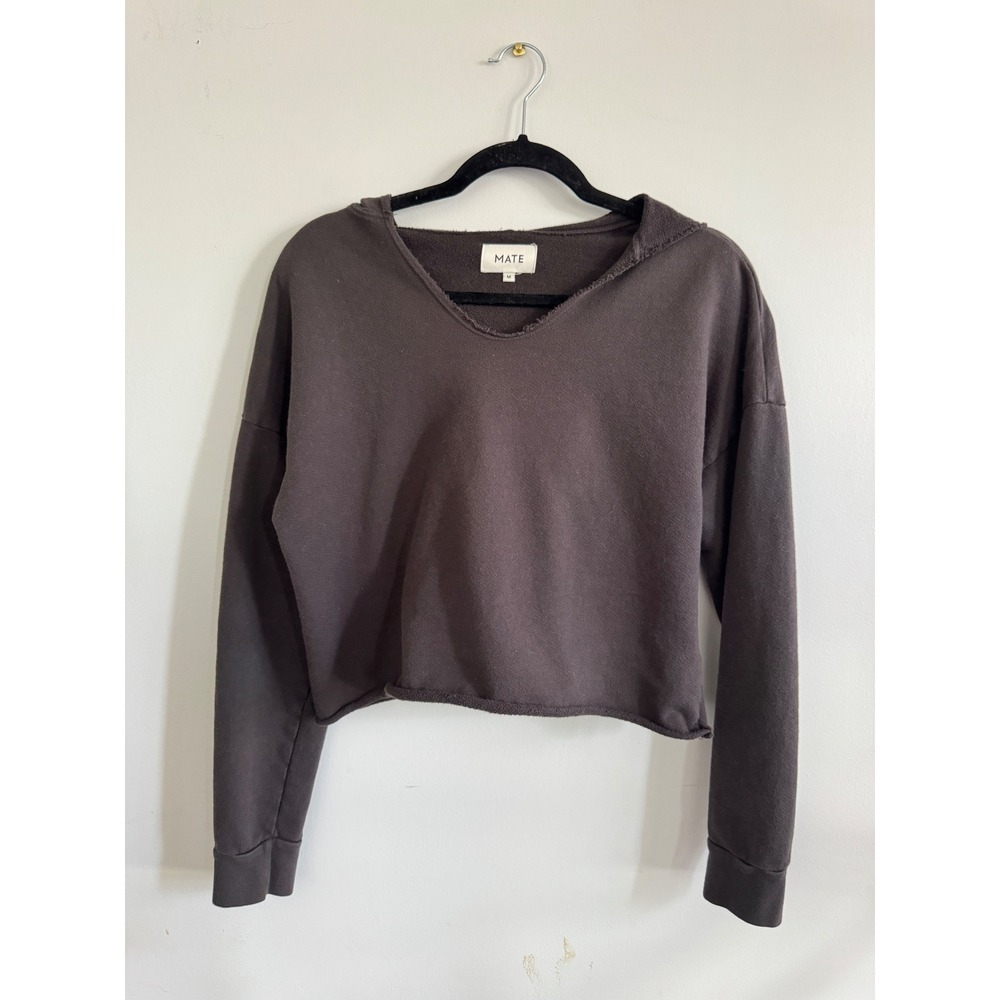MATE the Label Organic Cotton Cropped V-Neck Hoodie Brown Size M